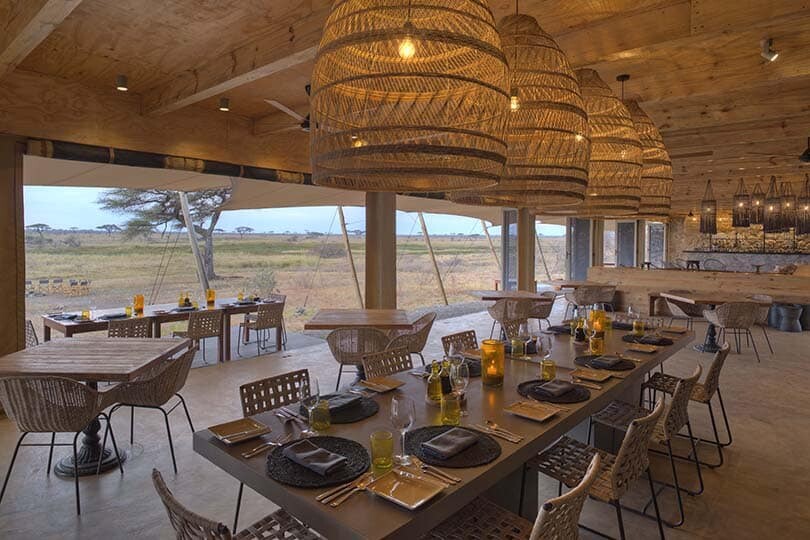 Open dining area at a tented safari camp in the Serengeti